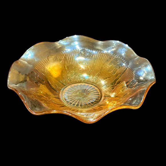 Jeanette Iris and Herringbone Ruffle Edge Marigold Carnival Glass Bowl 11.5 Inch - Picture 1 of 7